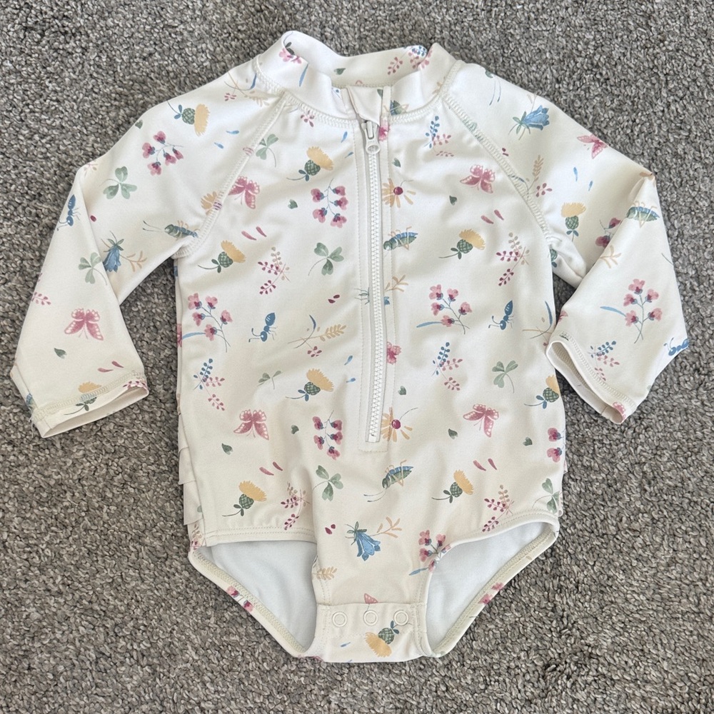 Janie and Jack White Floral Print Long-Sleeve One-Piece Swimsuit